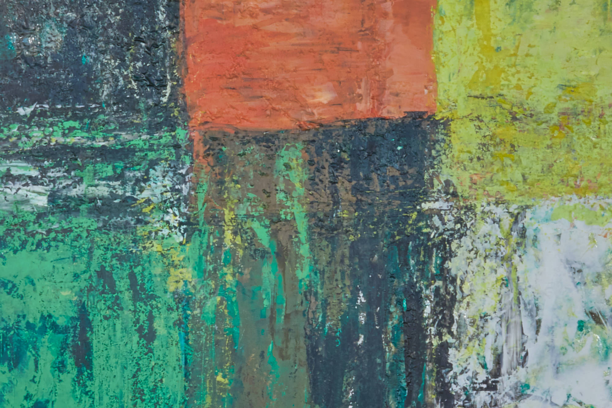 Schilderij Wil Art uit Kerkrade abstract in de kleuren wit, oranje, zwart en groen in detail