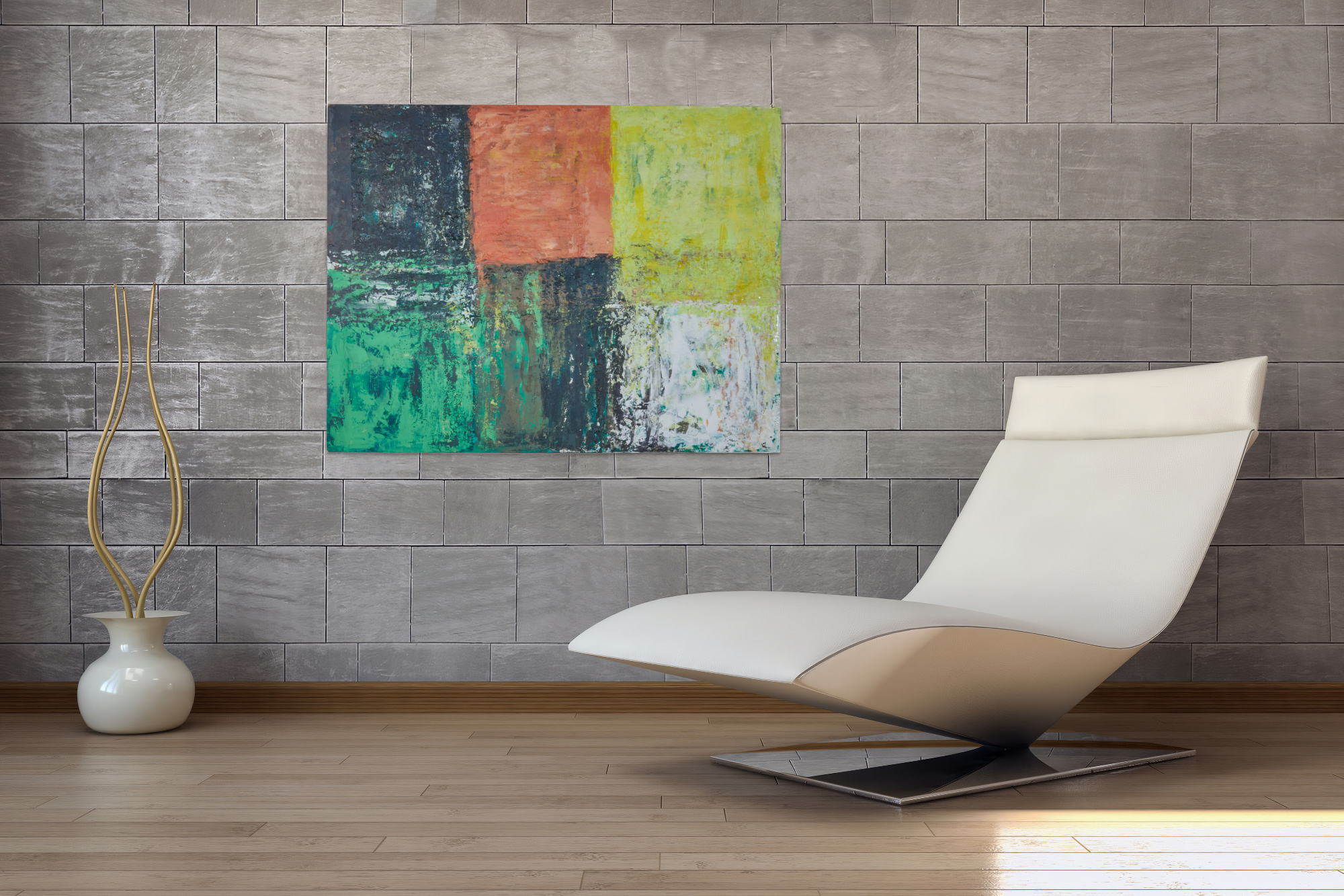 Schilderij Wil Art uit Kerkrade abstract in de kleuren wit, oranje, zwart en groen in een woonkamer