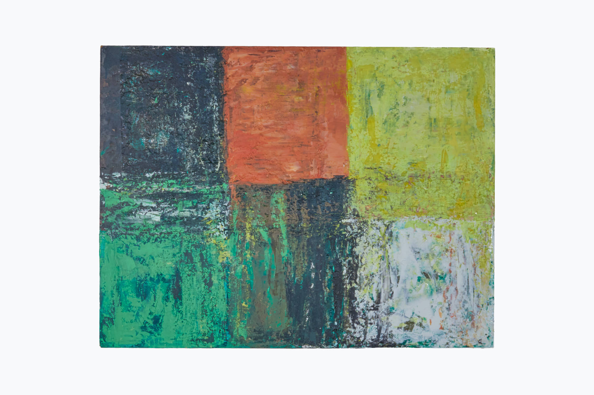 Schilderij Wil Art uit Kerkrade abstract in de kleuren wit, oranje, zwart en groen totaalbeeld